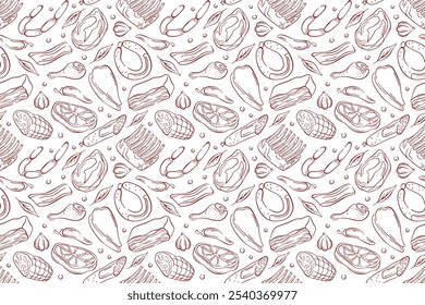 Seamless meat pattern in line art style with various meats on a white background. Include steak, sausage, ribs and vegetable. Ideal for culinary project, packaging or restaurant branding.