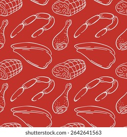 Seamless meat pattern with line art sausage, drumsticks, chicken fillet and ham on red background. Perfect for packaging butcher shop, menu or culinary design.