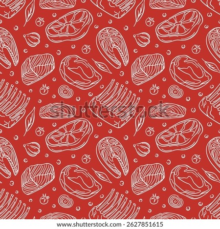 Seamless meat pattern with line art style steak meat and fish, ribs, herbs, garlic, onion on red background. Ideal for butcher packaging, food design and restaurant menu.