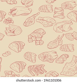 Seamless meat pattern. Pieces of raw beef, lamb, pork, chicken, and poultry. A set of meat products for packaging, advertising a butcher shop.