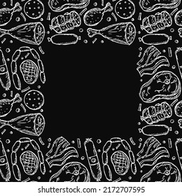 Patrón de carne sin fisuras con lugar para el texto. Fondo de carne en blanco y negro. Ilustración vectorial de Doodle con iconos de productos cárnicos