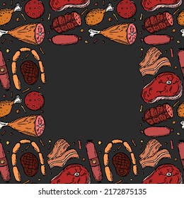 Seamless meat pattern with place for text. Colored meat background. Doodle vector illustration with meat products icons