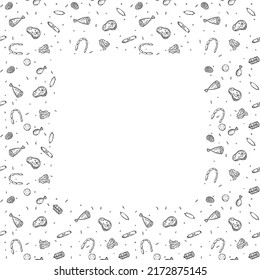 Seamless meat pattern with place for text. Black and white meat background. Doodle vector illustration with meat products icons