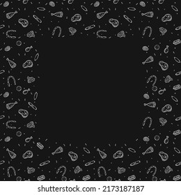Seamless meat pattern with place for text. Black and white meat background. Doodle vector illustration with meat products icons