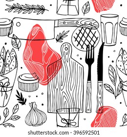 Seamless meat pattern. Meat restaurant pattern. Vector illustration