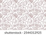 Seamless meat pattern with various cuts and types in line art style. Perfect for butcher shop design, culinary project or background in food related illustration.