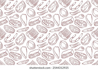 Seamless meat pattern with various cuts and types in line art style. Perfect for butcher shop design, culinary project or background in food related illustration.