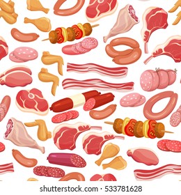 Seamless meat products . Vector background with steak , barbecue, lamb, chops, bacon, chorizo, sausage, chicken wings, chicken legs ham salami and slices sausage.