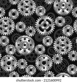 Seamless mechanical pattern with black cast iron gears and polished gold machine gears on a black background. Dense composition. Steampunk style.