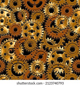 Seamless mechanical pattern with rusty and polished gold machine gears on a black background. Dense composition. Steampunk style.