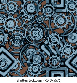 Seamless Mechanical Vector Pattern. Metal Cogs, Rings And Bolts. Texture. Blue, Brown And Black Colors. Steam Punk