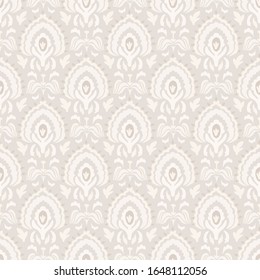 Seamless medallion pattern in french cream linen shabby chic style. Hand drawn floral damask texture. Old white blue background. Interior wallpaper home decor swatch. Ornate flourish all over print