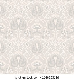 Seamless medallion pattern in french cream linen shabby chic style. Hand drawn floral damask texture. Old white blue background. Interior wallpaper home decor swatch. Ornate flourish all over print