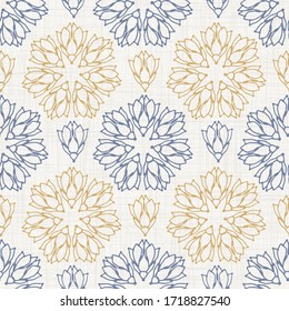 
Seamless medallion pattern in french cream linen shabby chic style. Hand drawn floral damask texture. Old white blue background.  Interior wallpaper home decor swatch. Ornate flourish all over print