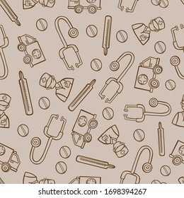 Seamless medial pattern. outline stroked doctor, thermometer, stethoscope, pills, doodle sketch vector background textile print illustration 