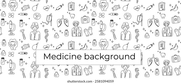 Seamless medical background with healthcare icons and male doctor illustrations.