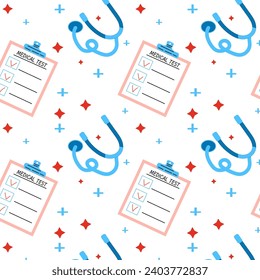 seamless medical background, pattern with checklist and stethoscope. Vector illustration isolated. Vector can used for wrapping paper, textile, poster, greeting card. 