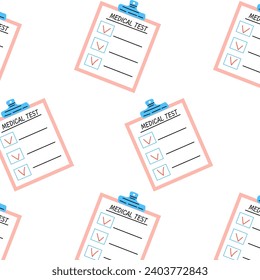 seamless medical background, pattern with checklist. Vector illustration isolated. Vector can used for wrapping paper, textile, poster, greeting card. 