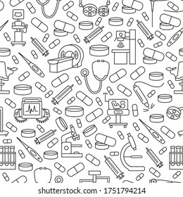 Seamless medical equipment pattern with line icon. Gray medical supplies icons on white background. 