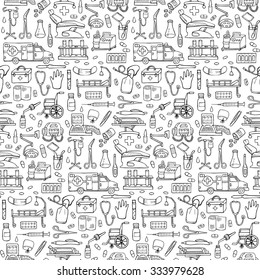 Seamless medical  hand drawn doodle pattern. Vector  illustration for backgrounds, textile prints, covers, wrapping