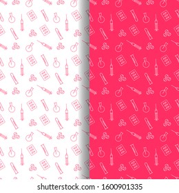 Seamless medical icon pattern, clinical vector illustration. syringes, medicines, tablets, glass icons