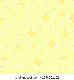 Seamless medical light pattern. White Outline crosses isolated on a yellow background. Vector picture with pharmaceutical hand-drawn elements. Illustration for wallpaper, wrapping paper, textile