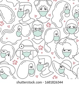 A seamless medical pattern consisting of doctors and protective masks. Vector seamless drawing with masked people.