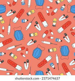 Patrón médico sin problemas con mascarilla médica, comprimidos, vacuna, jeringa y sangre en un matraz. sobre un fondo escarlata