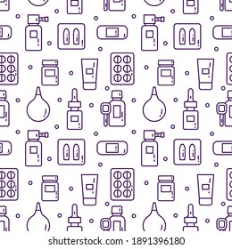 Seamless medical pattern on a light background flat line. Means of treatment of diseases and packaging of medicines isolated. Vector illustration for textile, wrapping and web