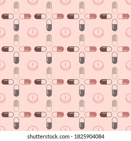 Patrón médico sin inconvenientes con píldoras y cápsulas formando una cruz. Paleta rosa y marrón rosa. Puede utilizarse para el diseño de embalajes o tejidos textiles para el cuidado de la salud.