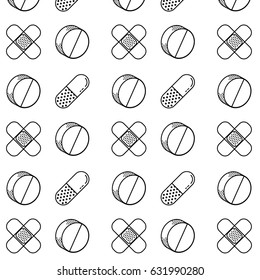 Seamless medical pattern with pills, capsules and band aid. 