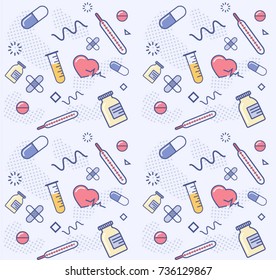 Seamless medical pattern with pills, tablet, thermometer, tube, plaster, pharmacy and drug. Vector background in flat style