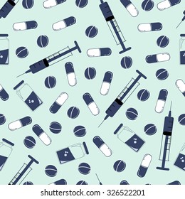 Seamless medical pattern with tablet, pill, capsule, syringe on blue background, vector