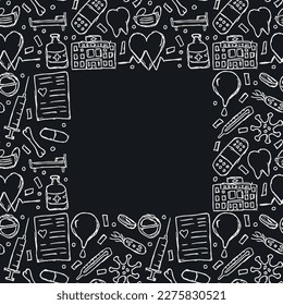 marco de medicina sin fisuras. Fondo del vector Doodle con iconos de la medicina. Iconos de medicina de cosecha