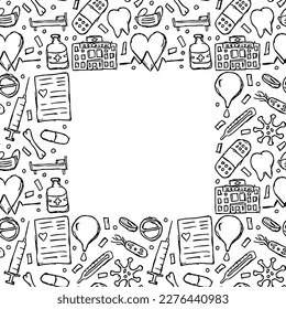 seamless medicine frame. Doodle vector background with medicine icons. Vintage medicine icons