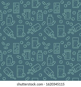 Seamless Medicine pattern background. icons Medical pattern with pills and medical bottles. Vector graphics
