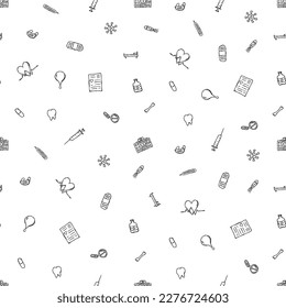 patrón de medicina sin fisuras. Fondo del vector Doodle con iconos de la medicina. Iconos de medicina de cosecha