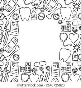 patrón de medicina sin fisuras con lugar para texto. Vector de doodle con íconos de medicina sobre fondo blanco. Iconos de medicina de cosecha