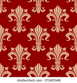 Seamless medieval fleur-de-lis pattern for classic interior design or heraldic backdrop with beige floral compositions on red background 