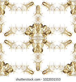 Seamless medieval floral royal pattern. Vector illustration. Decorative symmetry arabesque. Good for greeting card for birthday, invitation or banner. Gold on white and yellow colors.