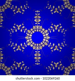 Seamless medieval floral royal pattern. Gold on blue, white and brown colors. Decorative symmetry arabesque. Vector illustration. Good for greeting card for birthday, invitation or banner.