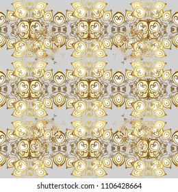Seamless medieval floral royal pattern. Decorative symmetry arabesque. Good for greeting card for birthday, invitation or banner. Vector illustration. Gold on gray, beige and white colors.