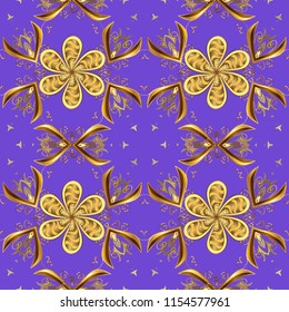 Seamless medieval floral royal pattern. Vector illustration. Gold on violet, brown and yellow colors. Decorative symmetry arabesque. Good for greeting card for birthday, invitation or banner.