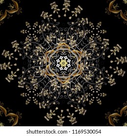 Seamless medieval floral royal pattern. Decorative symmetry arabesque. Gold on black, gray and brown colors. Good for greeting card for birthday, invitation or banner. Vector illustration.