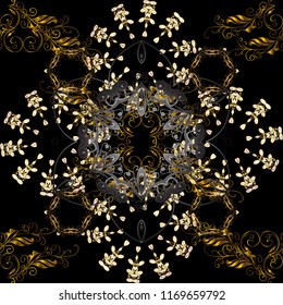 Seamless medieval floral royal pattern. Decorative symmetry arabesque. Gold on black, gray and brown colors. Good for greeting card for birthday, invitation or banner. Vector illustration.