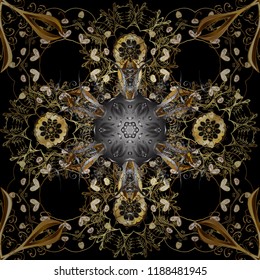 Seamless medieval floral royal pattern. Good for greeting card for birthday, invitation or banner. Gold on black, brown and gray colors. Vector illustration. Decorative symmetry arabesque.
