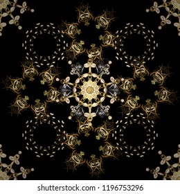 Seamless medieval floral royal pattern. Vector illustration. Good for greeting card for birthday, invitation or banner. Gold on black, brown and beige colors. Decorative symmetry arabesque.