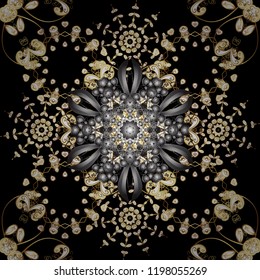 Seamless medieval floral royal pattern. Decorative symmetry arabesque. Vector illustration. Gold on black, gray and white colors. Good for greeting card for birthday, invitation or banner.