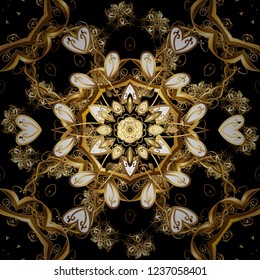 Seamless medieval floral royal pattern. Good for greeting card for birthday, invitation or banner. Vector illustration. Decorative symmetry arabesque. Gold on yellow colors.