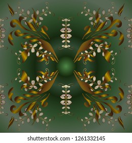 Seamless medieval floral royal pattern. Vector illustration. Gold on green and neutral colors. Decorative symmetry arabesque. Good for greeting card for birthday, invitation or banner.